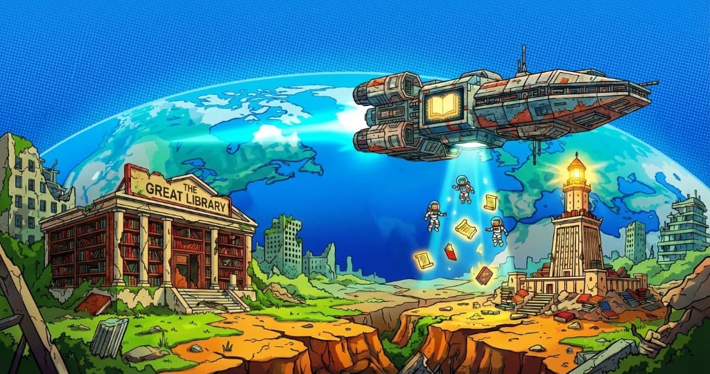 Starship Alexandria — a library ship orbits Earth while astronauts recover lost books from the ruins below